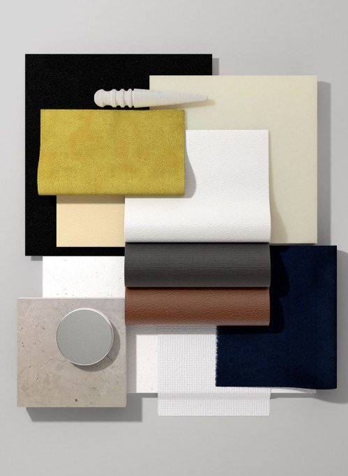 Footwear material board with swatches in navy, beige, white and leather