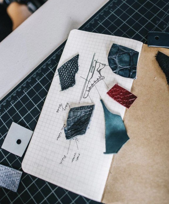 Footwear sketch with material samples during product development