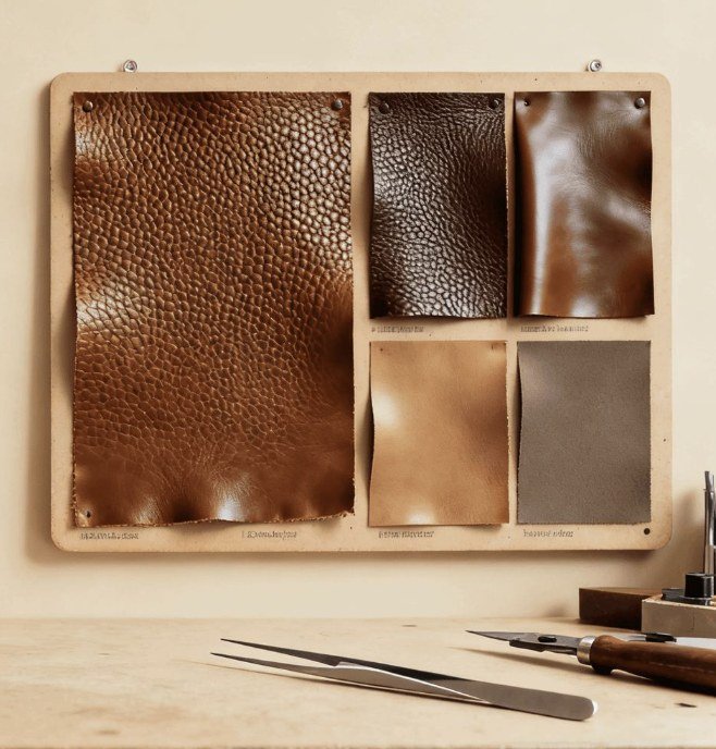 Leather sample library showing different finishes and tones