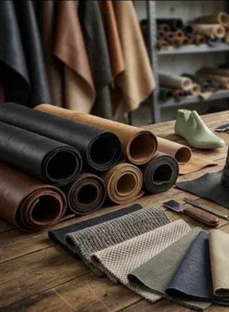 Rolled leather and textile materials in a workshop