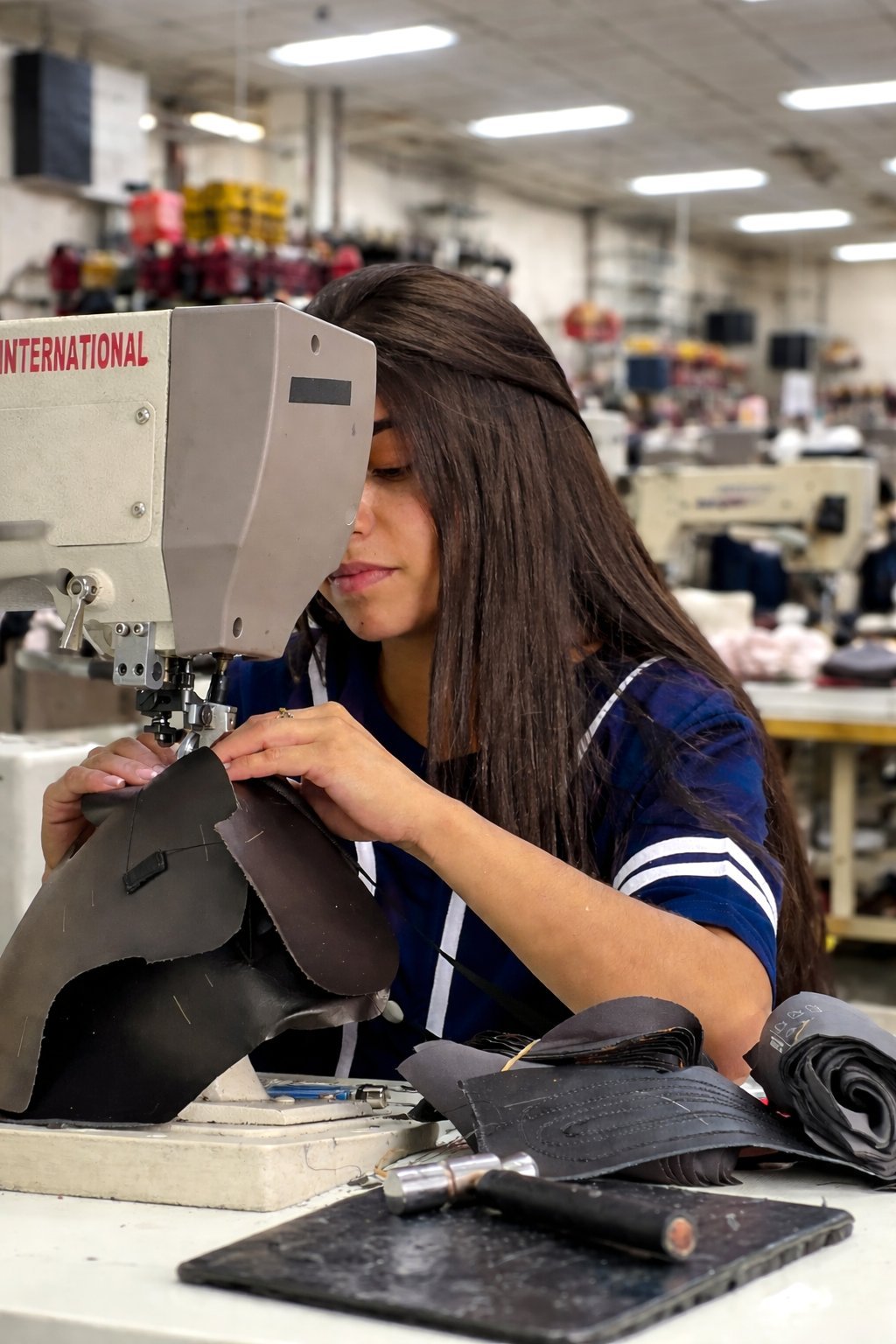 SR Faxhion craftswoman guiding a footwear component through a precision machine